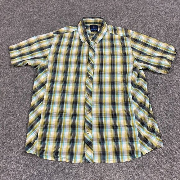 Prana Mens Shirt L Green Plaid Pearl Snap Short Sleeve - Picture 1 of 6